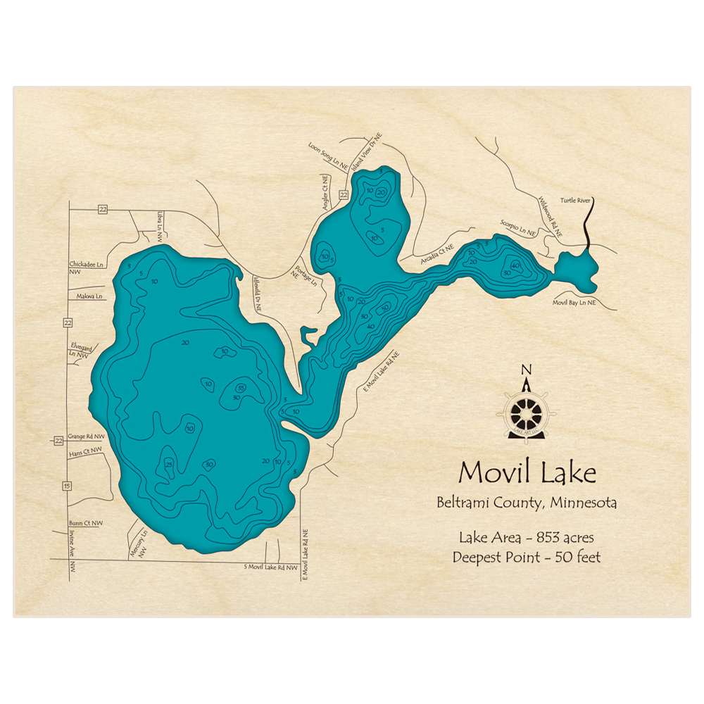 Bathymetric topo map of Movil Lake with roads, towns and depths noted in blue water