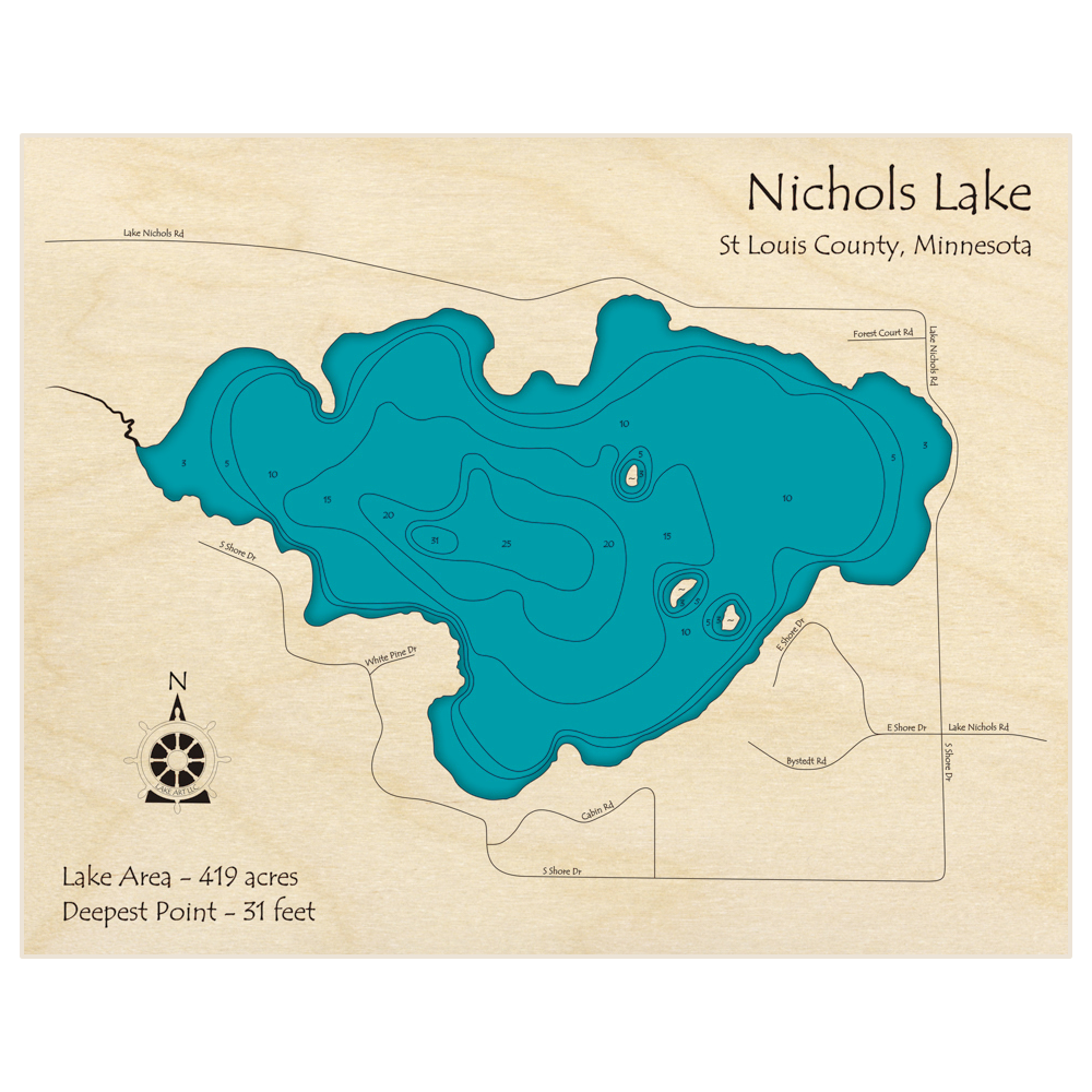 Bathymetric topo map of Nichols Lake with roads, towns and depths noted in blue water