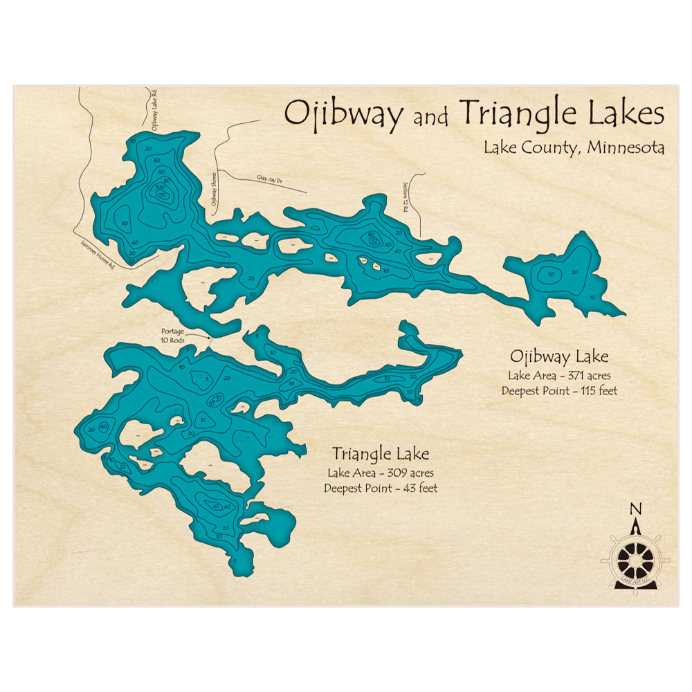 Bathymetric topo map of Ojibway Lake (With Triangle Lake) with roads, towns and depths noted in blue water