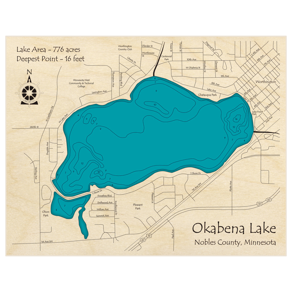 Bathymetric topo map of Okabena Lake with roads, towns and depths noted in blue water