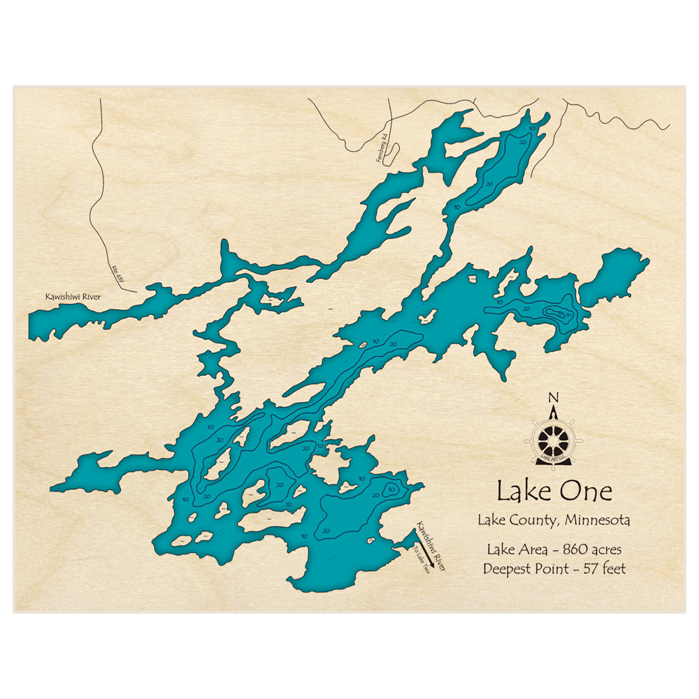 Bathymetric topo map of Lake One with roads, towns and depths noted in blue water