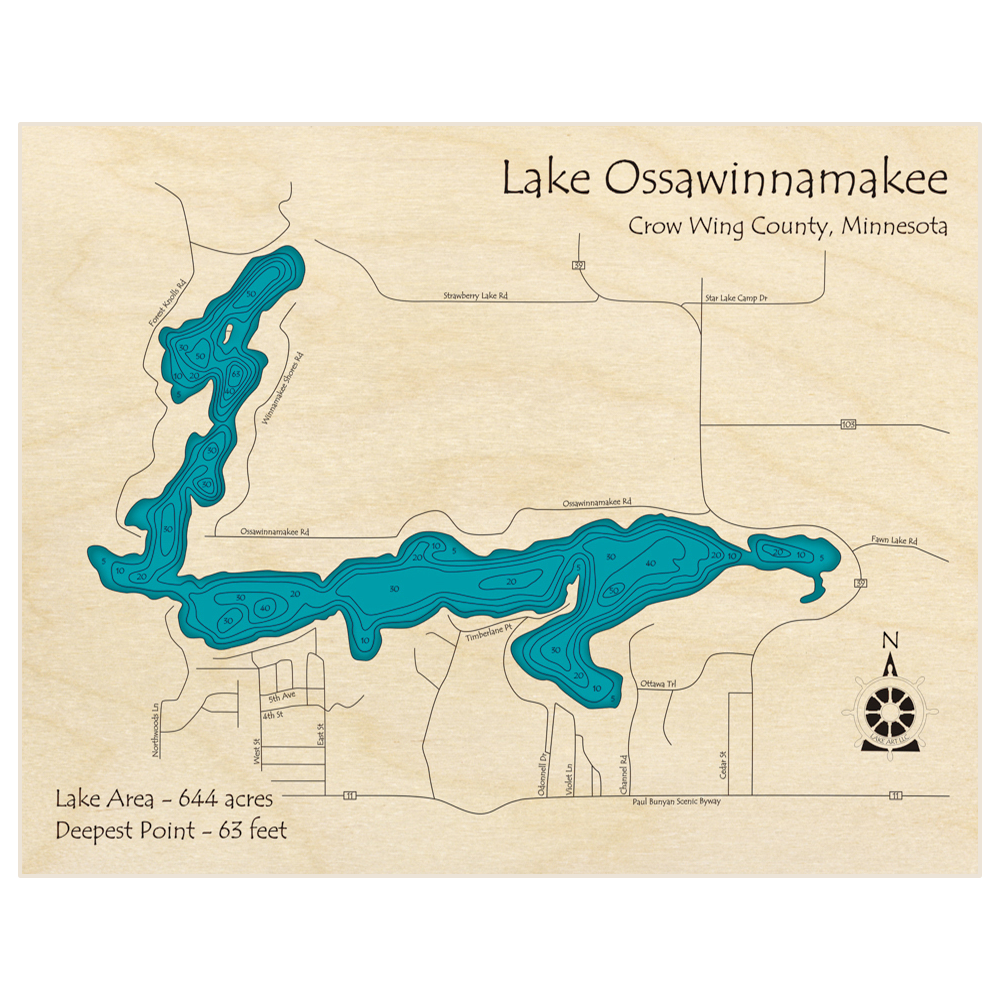 Bathymetric topo map of Lake Ossawinnamakee with roads, towns and depths noted in blue water