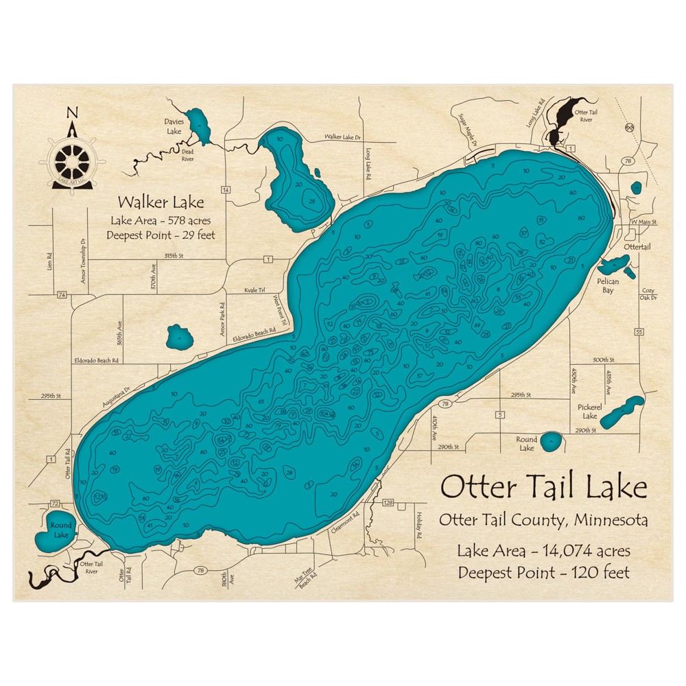 Bathymetric topo map of Otter Tail Lake with roads, towns and depths noted in blue water