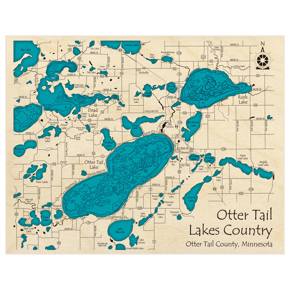 Bathymetric topo map of Otter Tail Lakes Country with roads, towns and depths noted in blue water