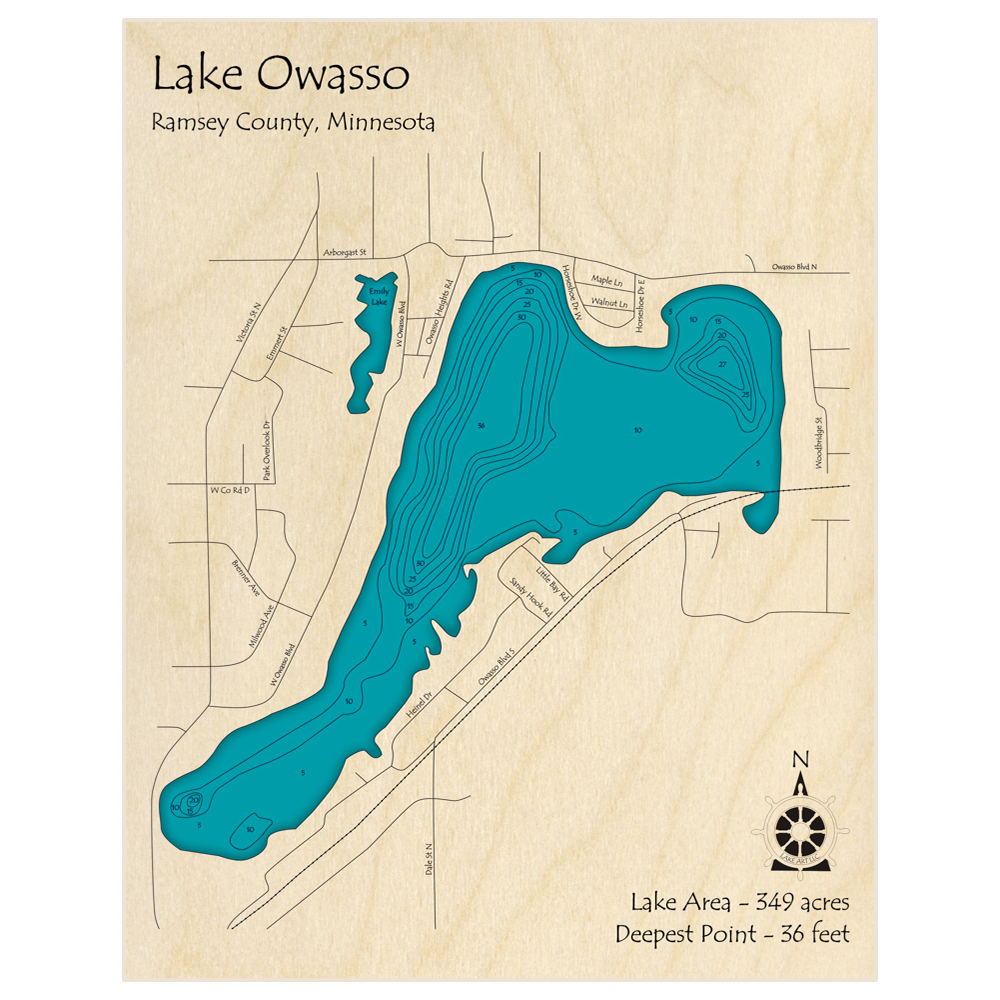 Bathymetric topo map of Lake Owasso with roads, towns and depths noted in blue water