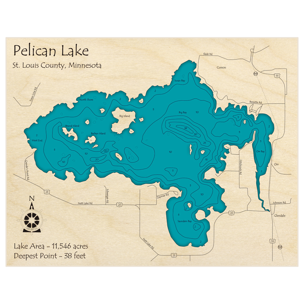 Bathymetric topo map of Pelican Lake with roads, towns and depths noted in blue water