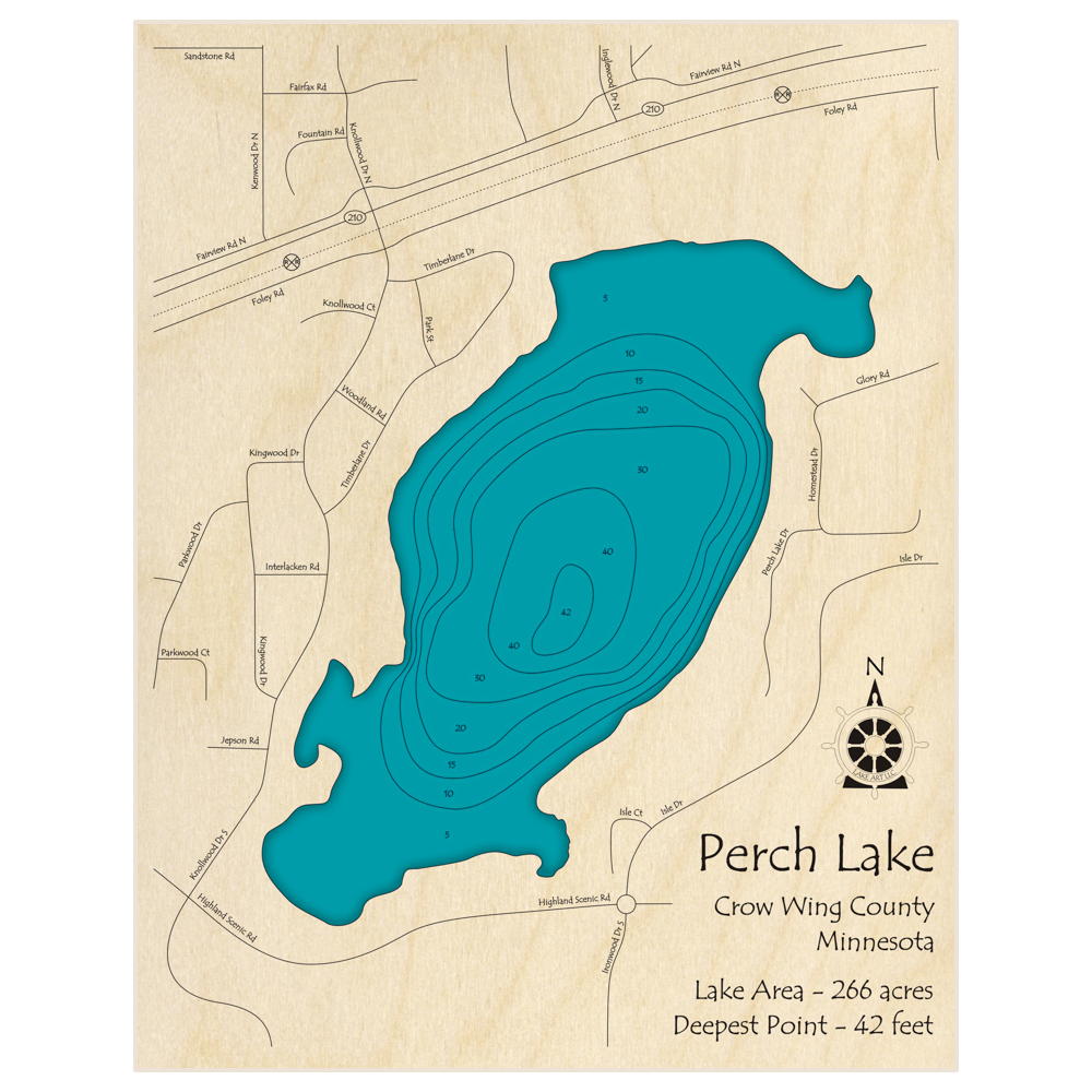 Bathymetric topo map of Perch Lake with roads, towns and depths noted in blue water