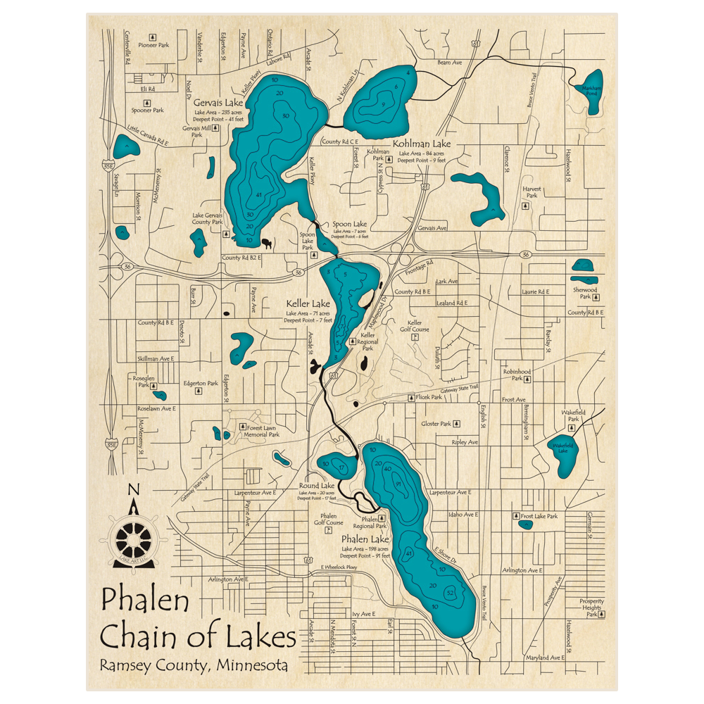 Bathymetric topo map of Phalen Chain of Lakes (Gervais, Keller, Phalen) with roads, towns and depths noted in blue water