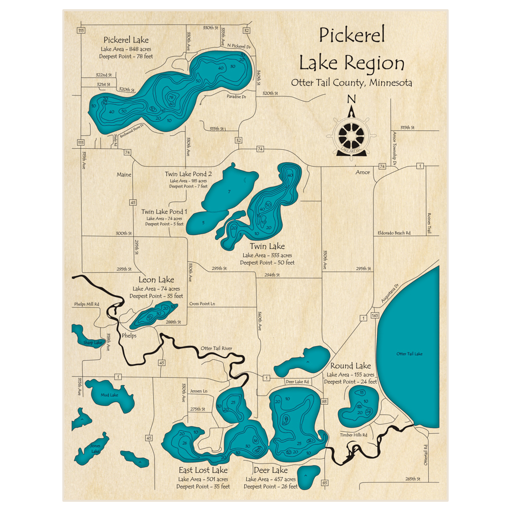 Bathymetric topo map of Pickerel Lake Region (Pickerel Twin Leon Round East Lost Deer) with roads, towns and depths noted in blue water