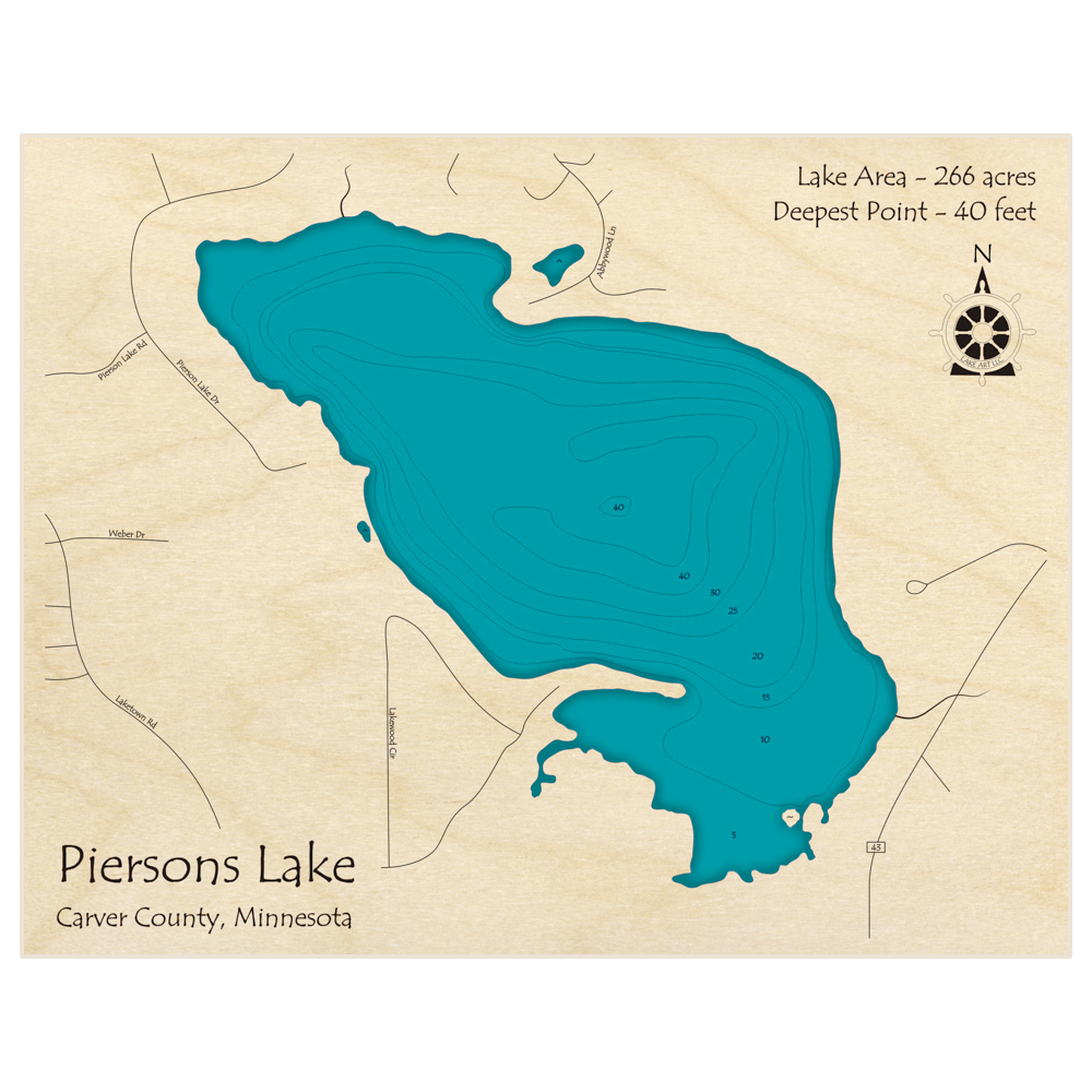 Bathymetric topo map of Piersons Lake with roads, towns and depths noted in blue water