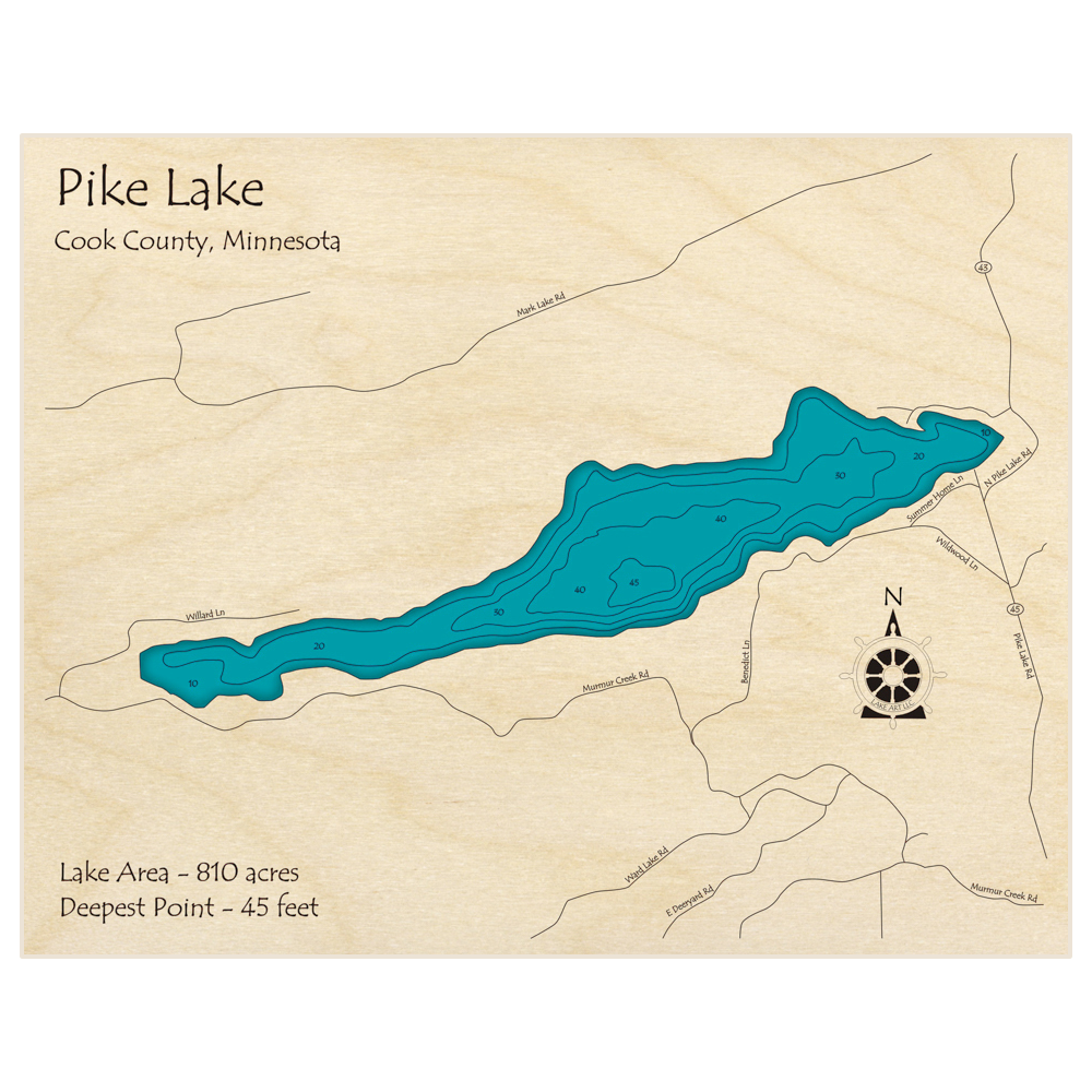 Bathymetric topo map of Pike Lake with roads, towns and depths noted in blue water