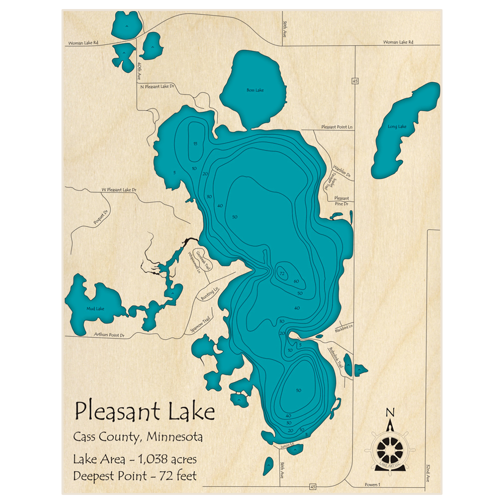 Bathymetric topo map of Pleasant Lake with roads, towns and depths noted in blue water