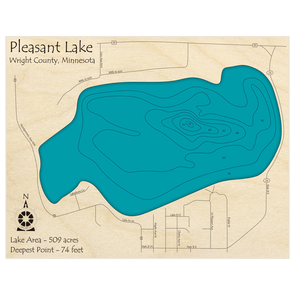 Bathymetric topo map of Pleasant Lake with roads, towns and depths noted in blue water