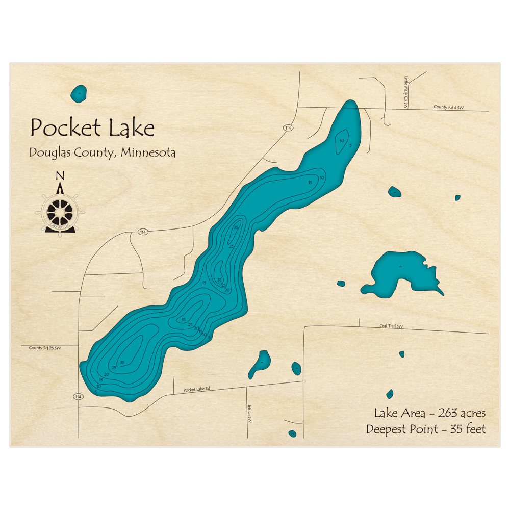 Bathymetric topo map of Pocket Lake with roads, towns and depths noted in blue water