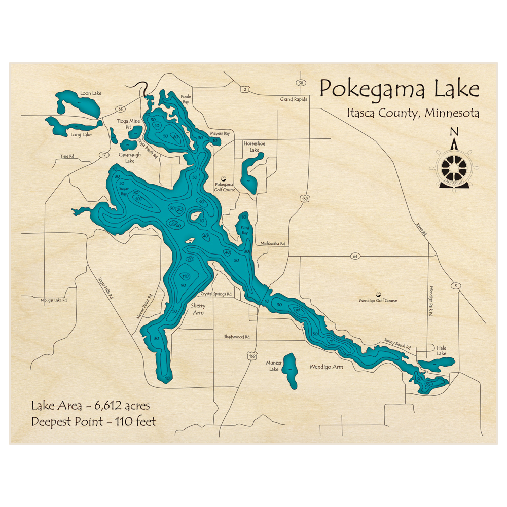 Bathymetric topo map of Pokegama Lake with roads, towns and depths noted in blue water