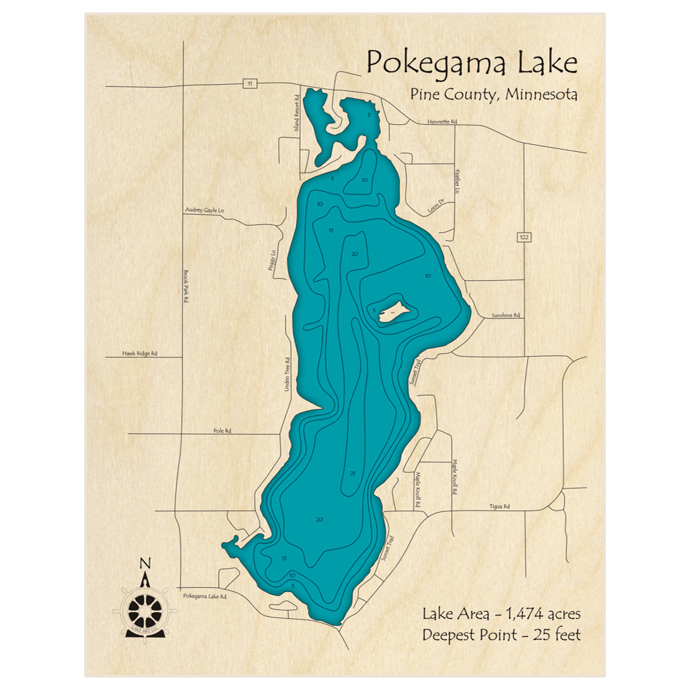 Bathymetric topo map of Pokegama Lake with roads, towns and depths noted in blue water