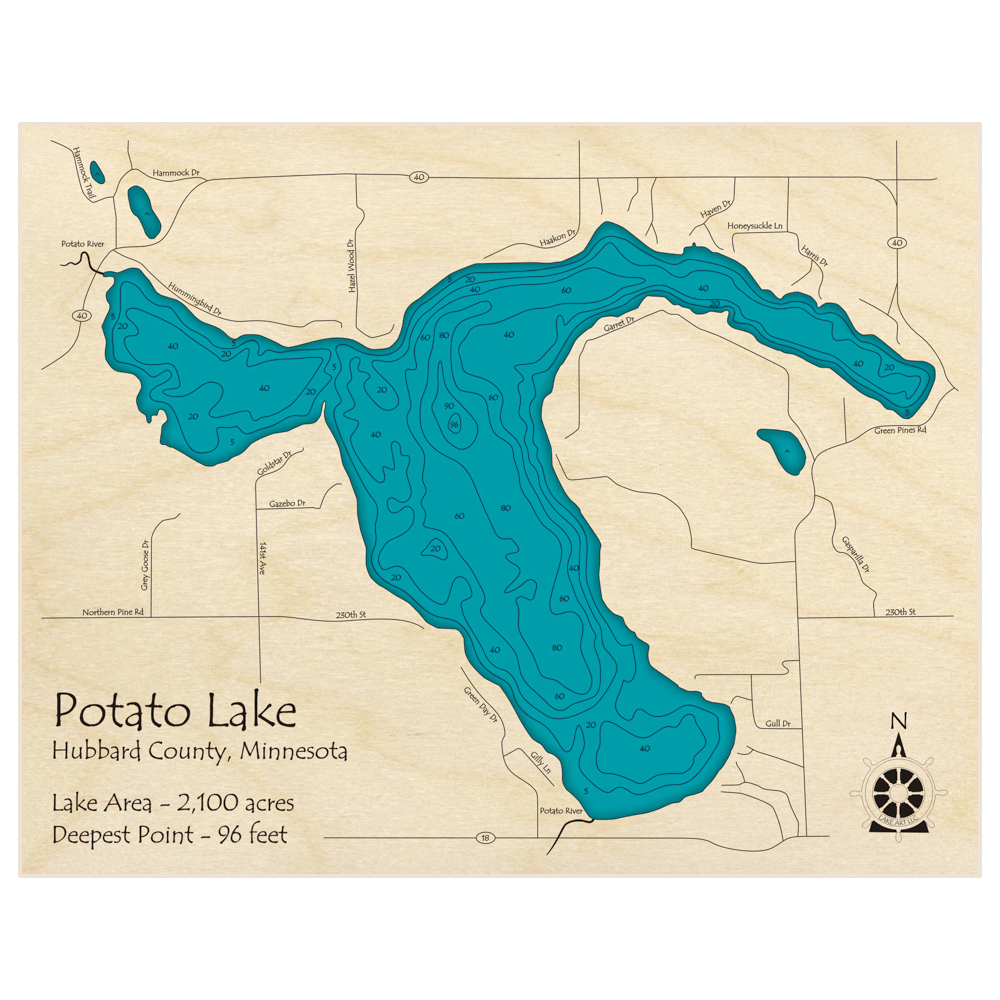 Bathymetric topo map of Potato Lake with roads, towns and depths noted in blue water