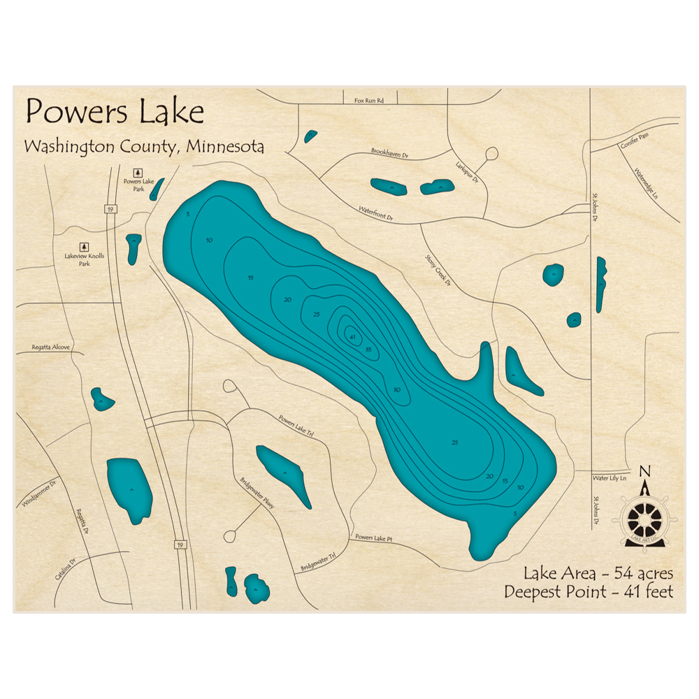 Bathymetric topo map of Powers Lake with roads, towns and depths noted in blue water