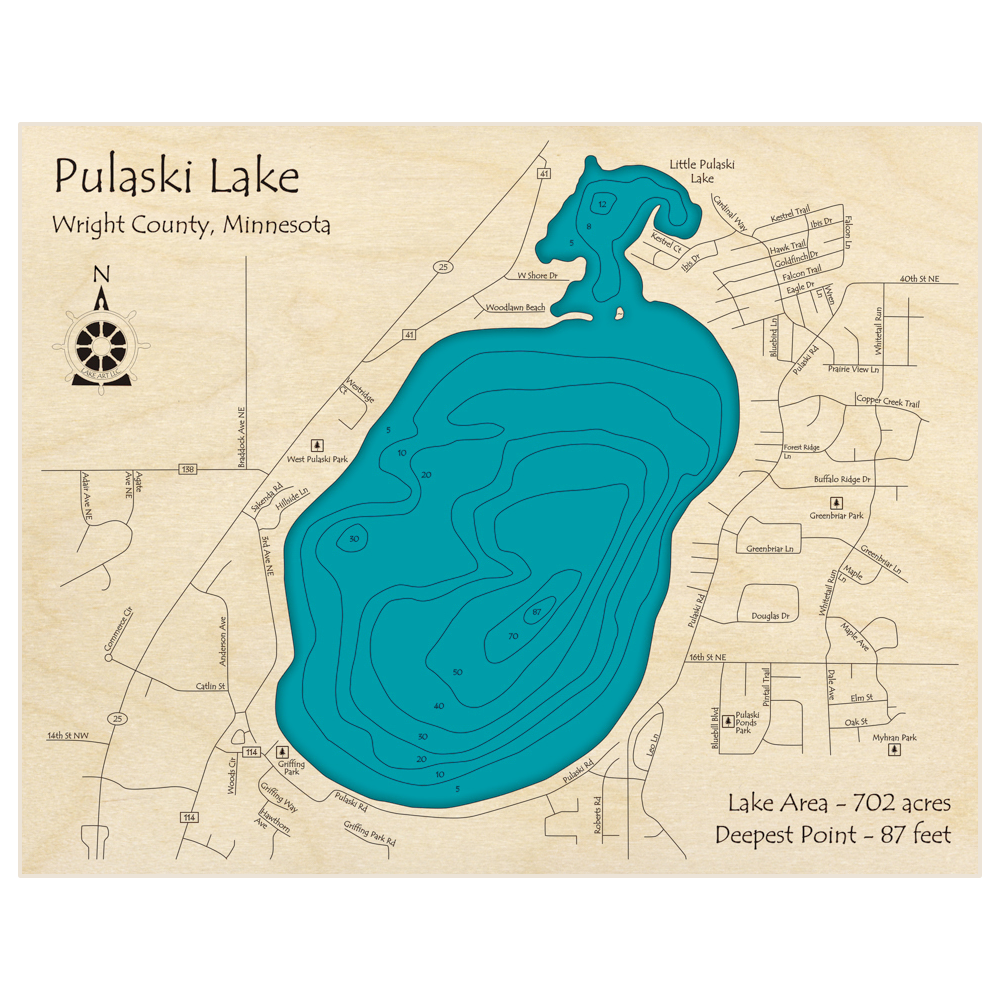 Bathymetric topo map of Pulaski Lake with roads, towns and depths noted in blue water