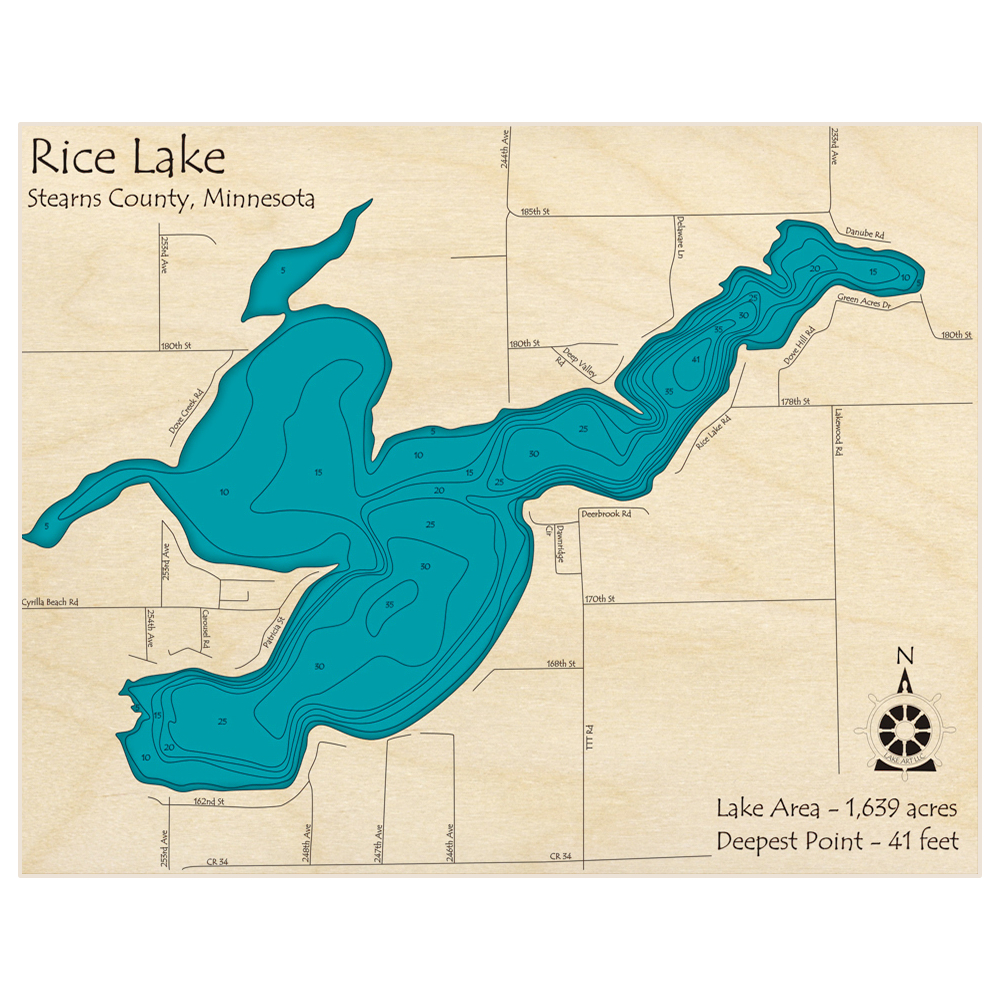 Bathymetric topo map of Rice Lake with roads, towns and depths noted in blue water