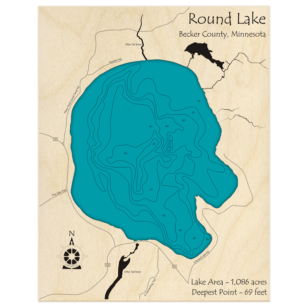 Bathymetric topo map of Round Lake with roads, towns and depths noted in blue water