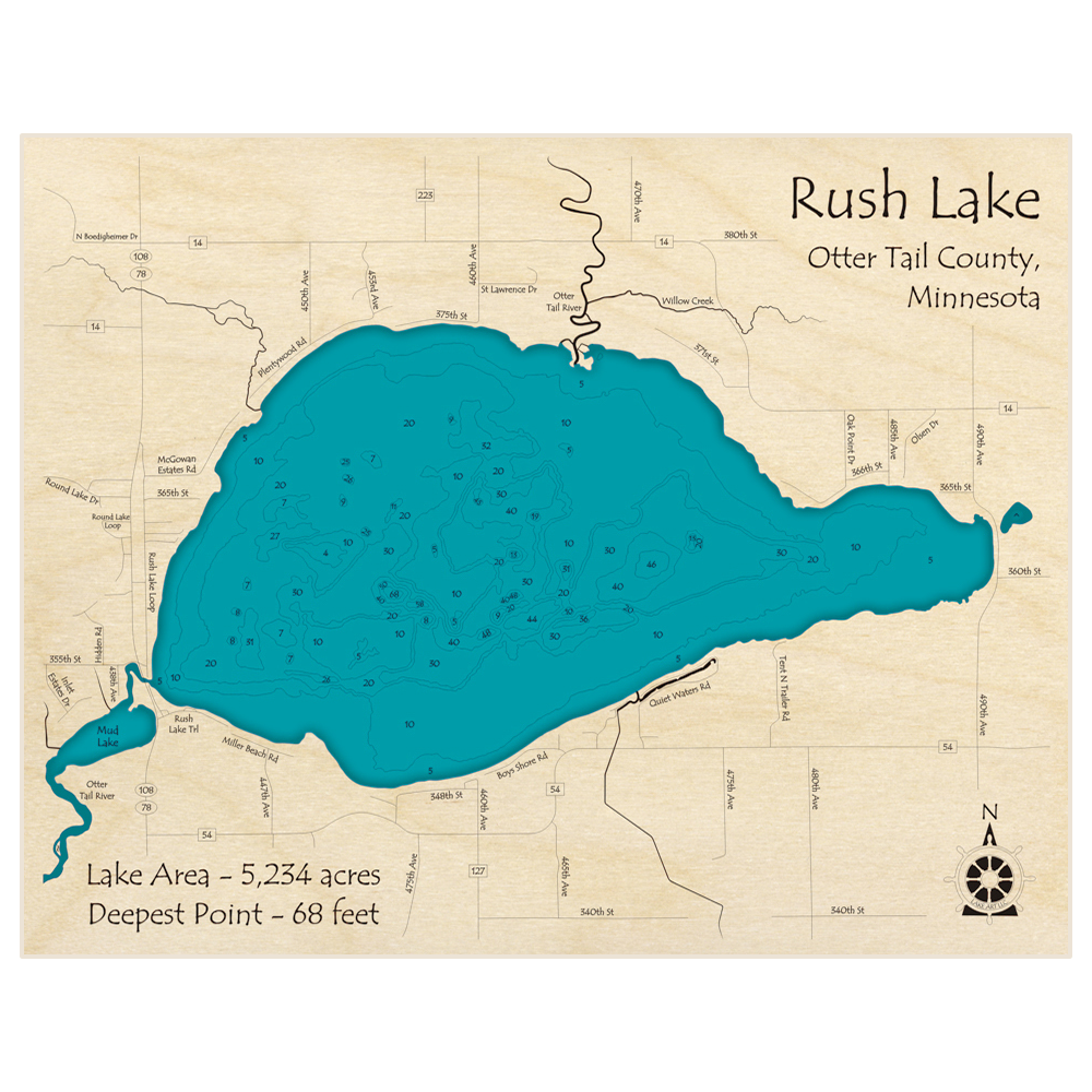 Bathymetric topo map of Rush Lake with roads, towns and depths noted in blue water