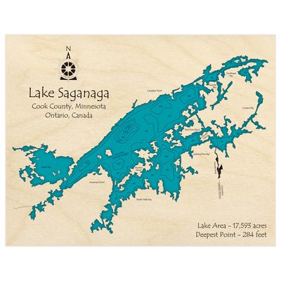 Bathymetric topo map of Lake Saganaga with roads, towns and depths noted in blue water