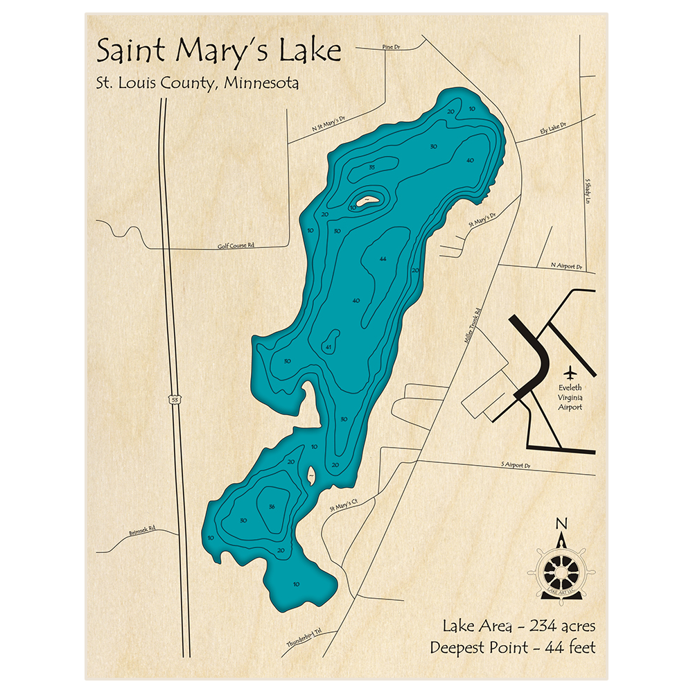 Bathymetric topo map of Saint Marys Lake with roads, towns and depths noted in blue water