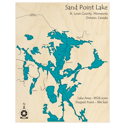 Bathymetric topo map of Sand Point Lake with roads, towns and depths noted in blue water