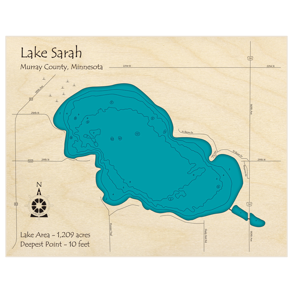 Bathymetric topo map of Lake Sarah with roads, towns and depths noted in blue water