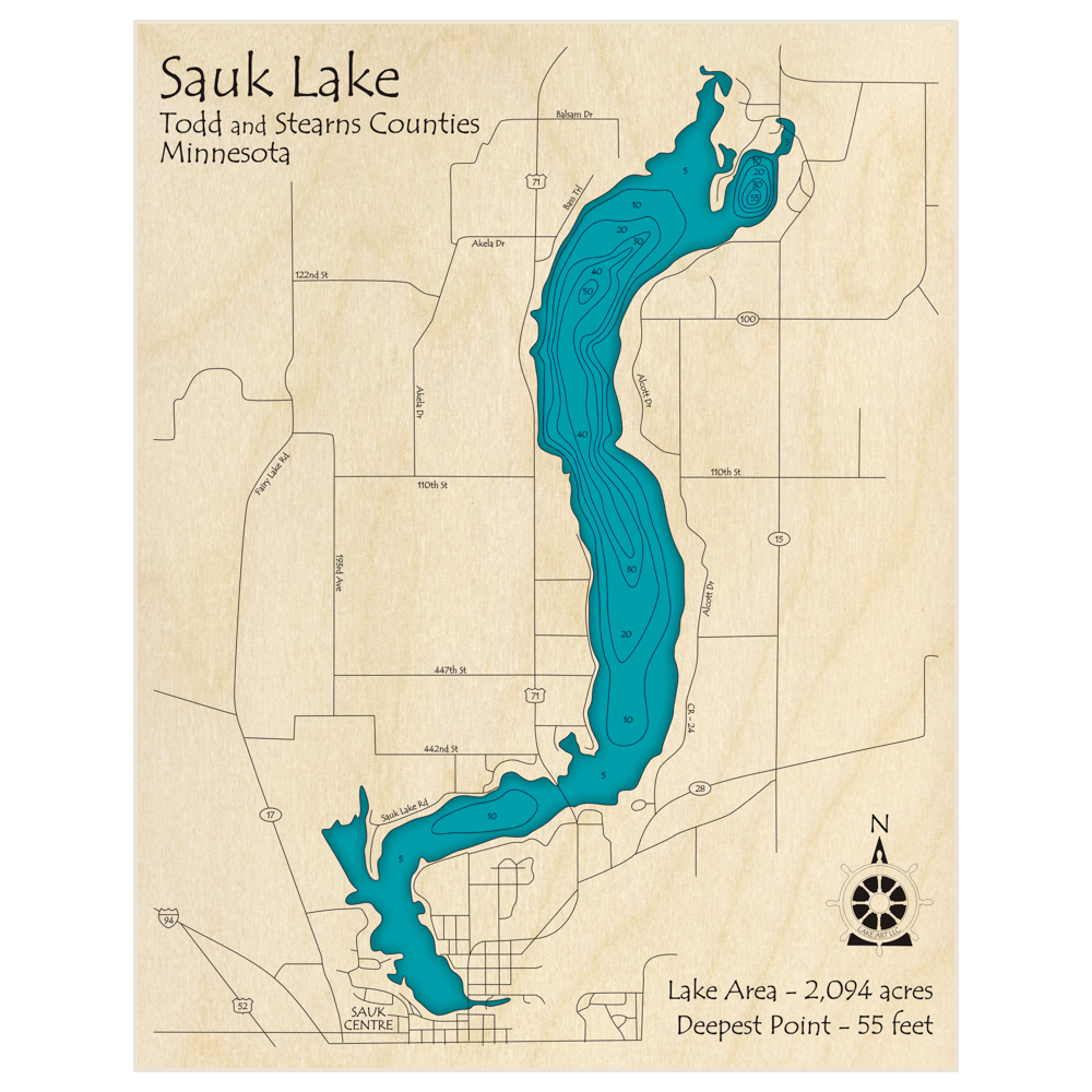 Bathymetric topo map of Sauk Lake with roads, towns and depths noted in blue water