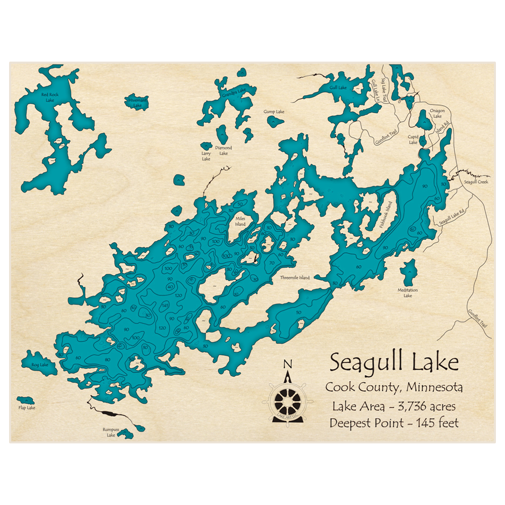 Bathymetric topo map of Sea Gull Lake with roads, towns and depths noted in blue water