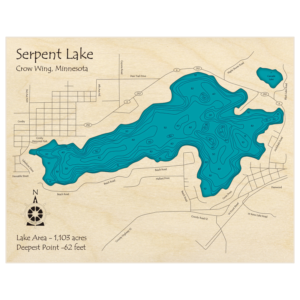 Bathymetric topo map of Serpent Lake with roads, towns and depths noted in blue water