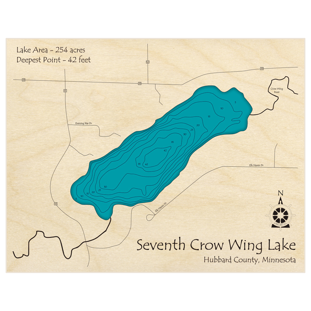 Bathymetric topo map of Seventh Crow Wing Lake with roads, towns and depths noted in blue water