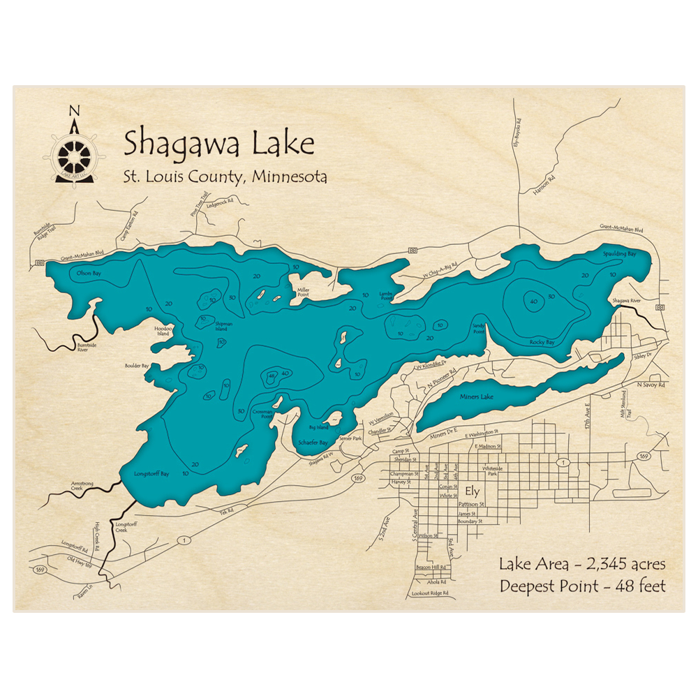 Bathymetric topo map of Shagawa Lake with roads, towns and depths noted in blue water