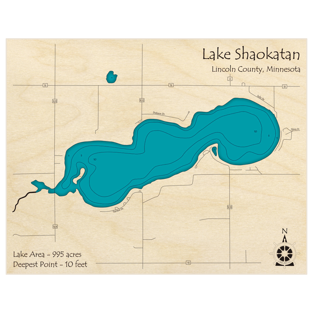 Bathymetric topo map of Lake Shaokatan with roads, towns and depths noted in blue water