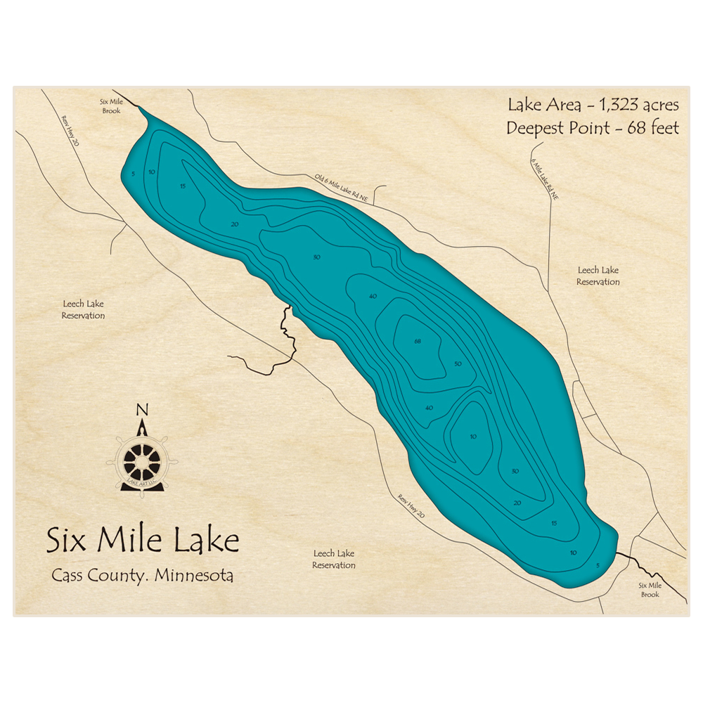 Bathymetric topo map of Six Mile Lake with roads, towns and depths noted in blue water