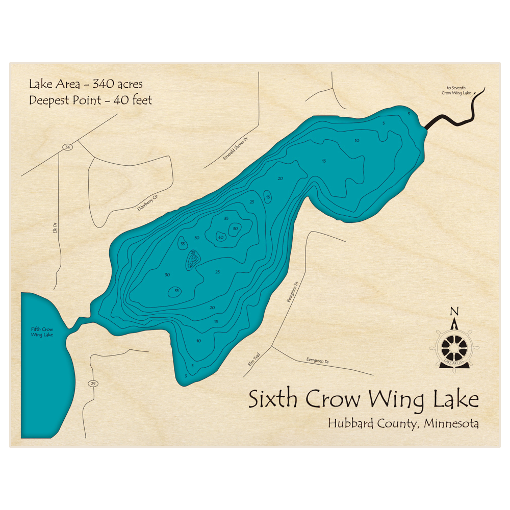 Bathymetric topo map of Sixth Crow Wing Lake with roads, towns and depths noted in blue water