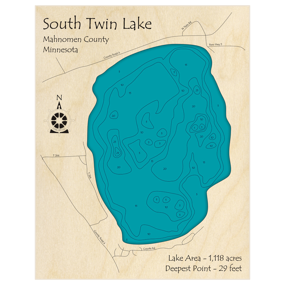 Bathymetric topo map of Twin Lake (South) with roads, towns and depths noted in blue water