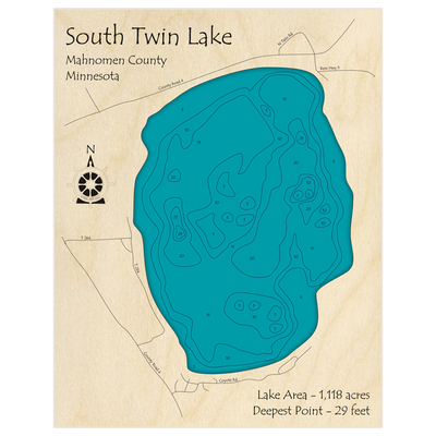 Bathymetric topo map of Twin Lake (South) with roads, towns and depths noted in blue water