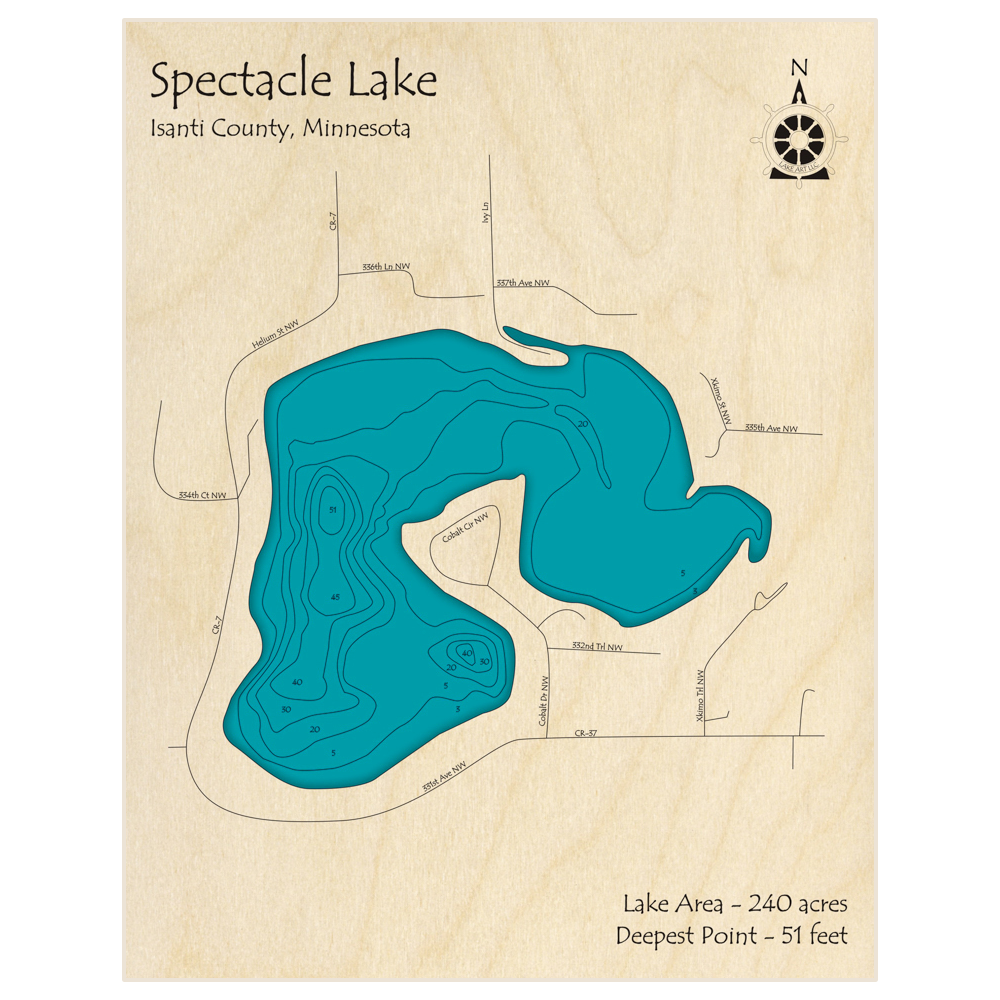 Bathymetric topo map of Spectacle Lake with roads, towns and depths noted in blue water