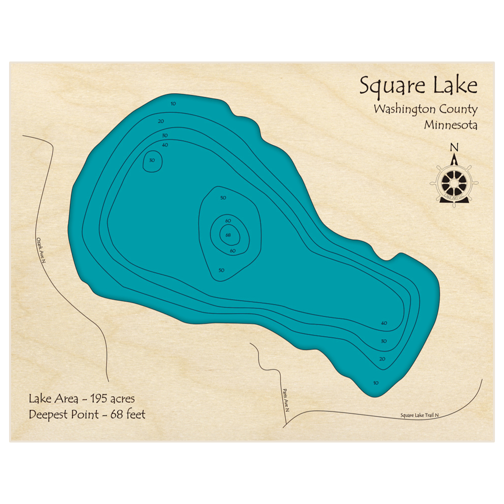 Bathymetric topo map of Square Lake with roads, towns and depths noted in blue water