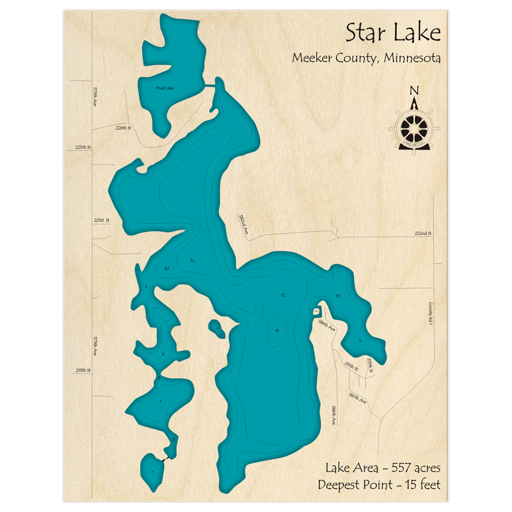 Bathymetric topo map of Star Lake with roads, towns and depths noted in blue water