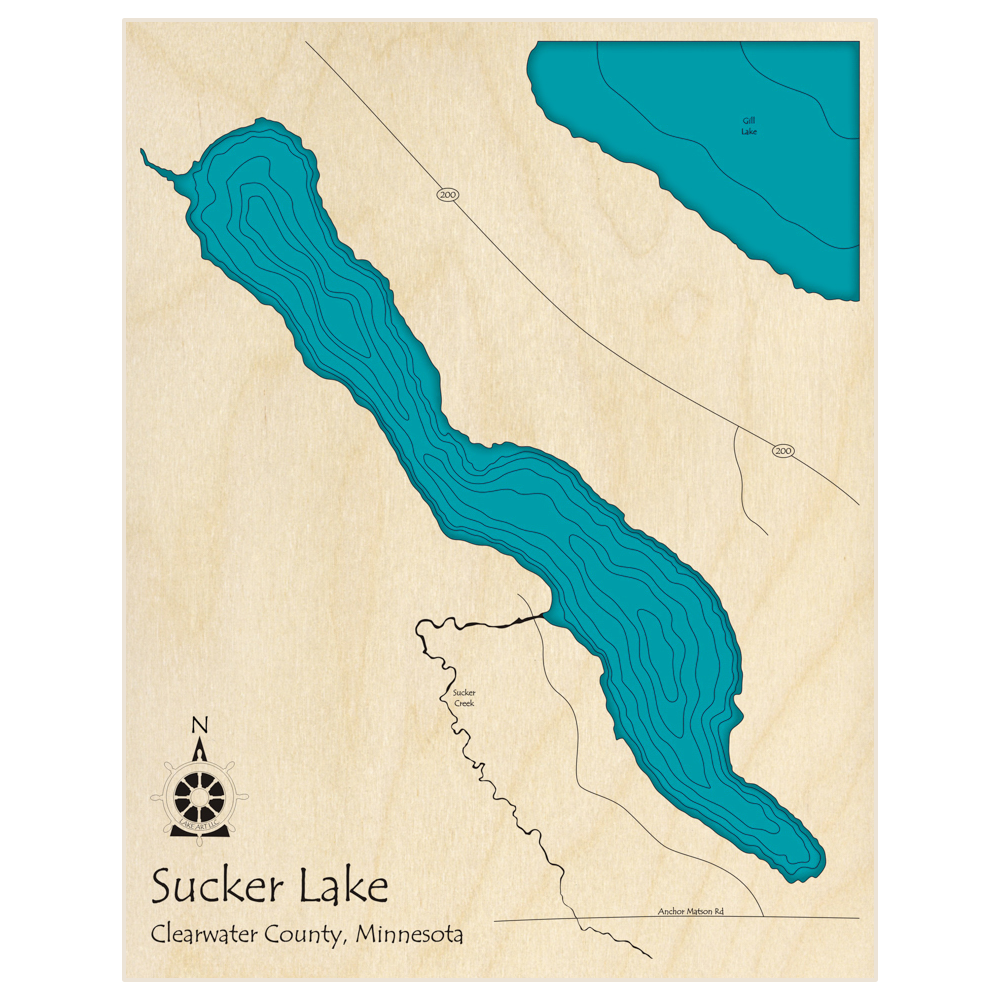 Bathymetric topo map of Sucker Lake  with roads, towns and depths noted in blue water