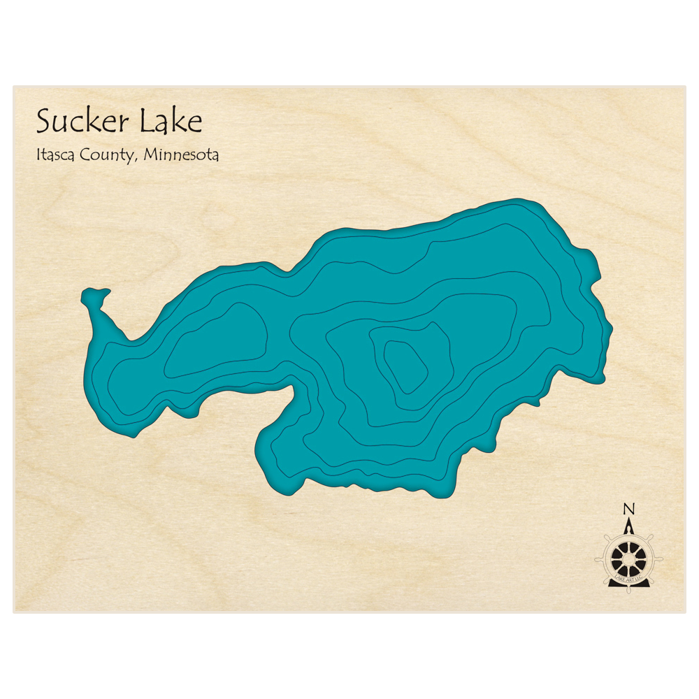 Bathymetric topo map of Sucker Lake  with roads, towns and depths noted in blue water