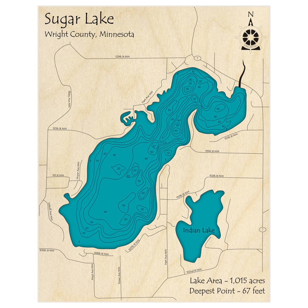 Bathymetric topo map of Sugar Lake with roads, towns and depths noted in blue water