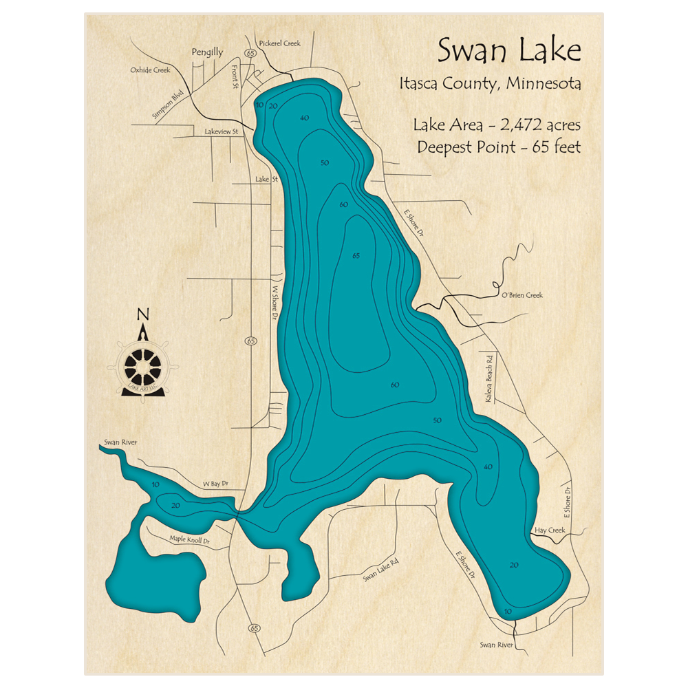 Bathymetric topo map of Swan Lake with roads, towns and depths noted in blue water