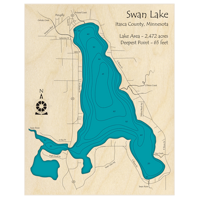 Bathymetric topo map of Swan Lake with roads, towns and depths noted in blue water