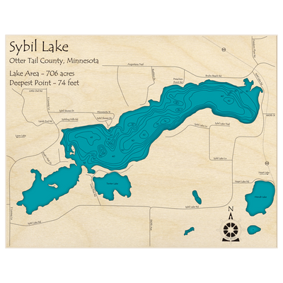 Bathymetric topo map of Sybil Lake with roads, towns and depths noted in blue water