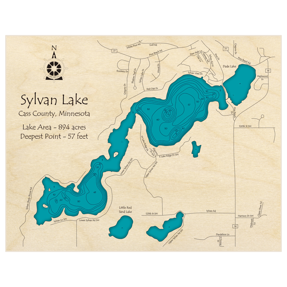 Bathymetric topo map of Sylvan Lake with roads, towns and depths noted in blue water